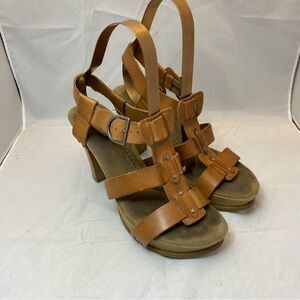 Dr. Scholl’s Women Tan Brown Sandals Chunky Wooden Heel OpenToe Strappy size 8